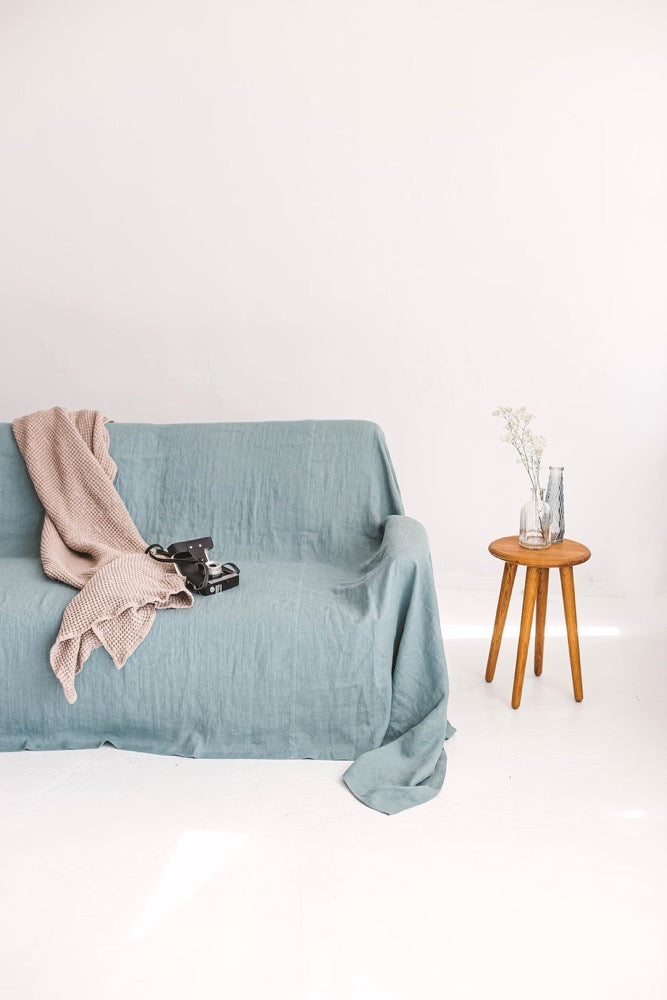 Dusty Aqua Linen Slipcover, Linen Couch Cover, Natural Sofa Cover, Linen Couch Throw, Large Linen Coverlet