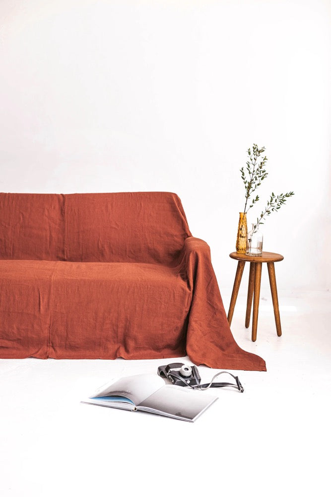 Rusty Linen Couch Cover, Rust Linen Drop Cloth Sofa Cover, Natural Sofa Cover, Linen Couch Throw